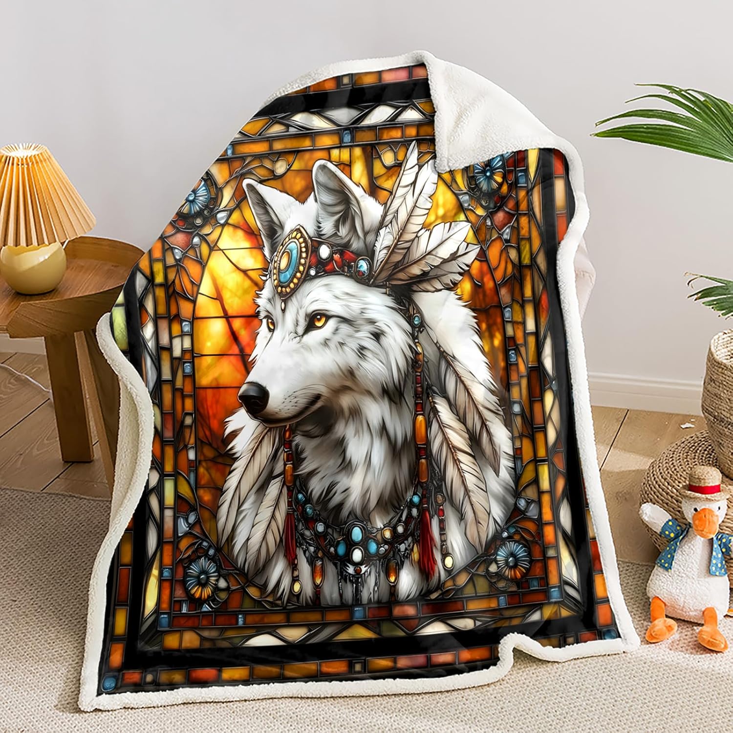 AILONEN Dreamcatcher Wolf Throw Blanket, Native American Wolf Sherpa Aztec Blanket Soft Lightweight, 78 x 59 Inches
