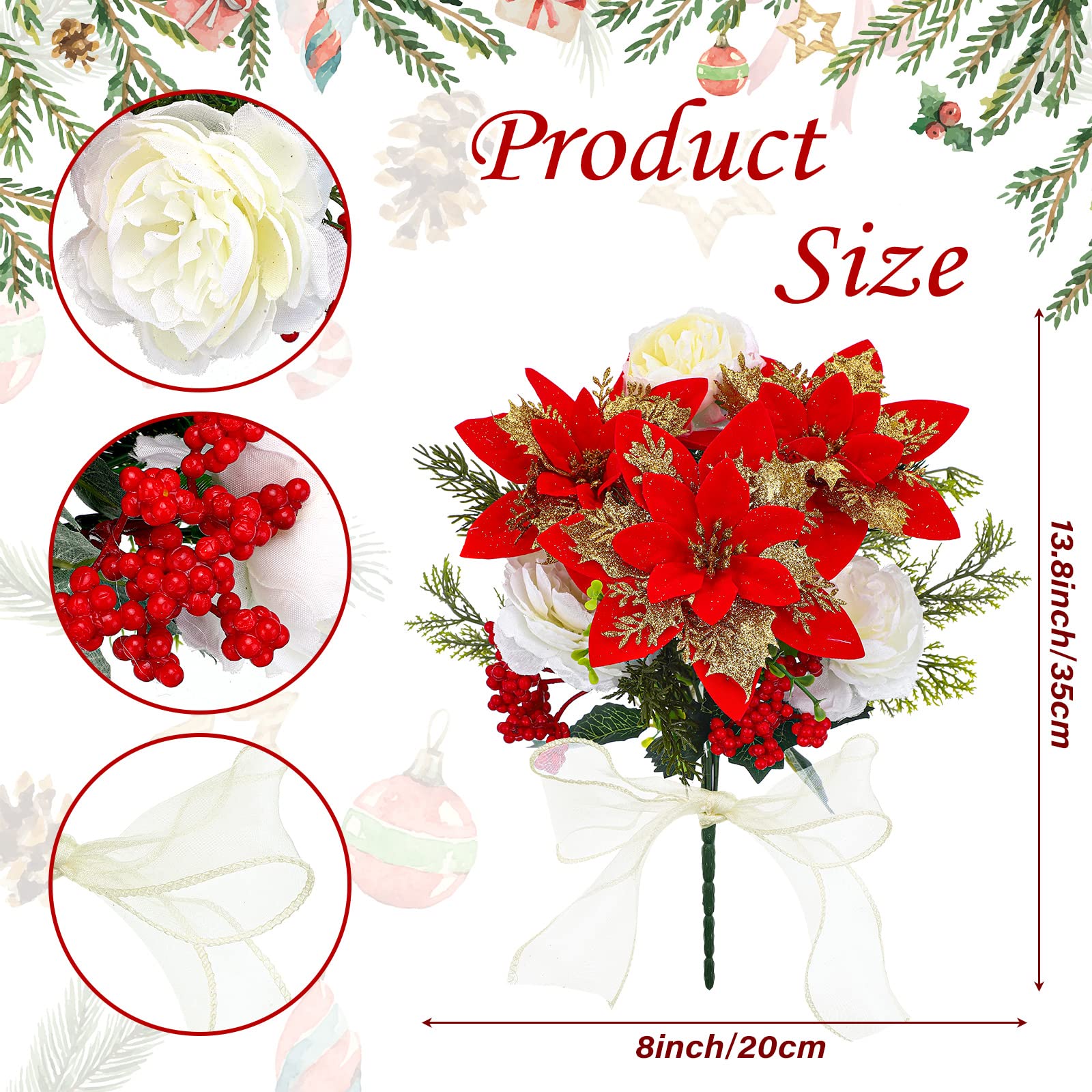 Giegxin Lot de 4 bouquets de Noël poinsettia en velours synthétique de 35 cm pour intérieur ou extérieur, décoration de sapin de Noël, maison, porche