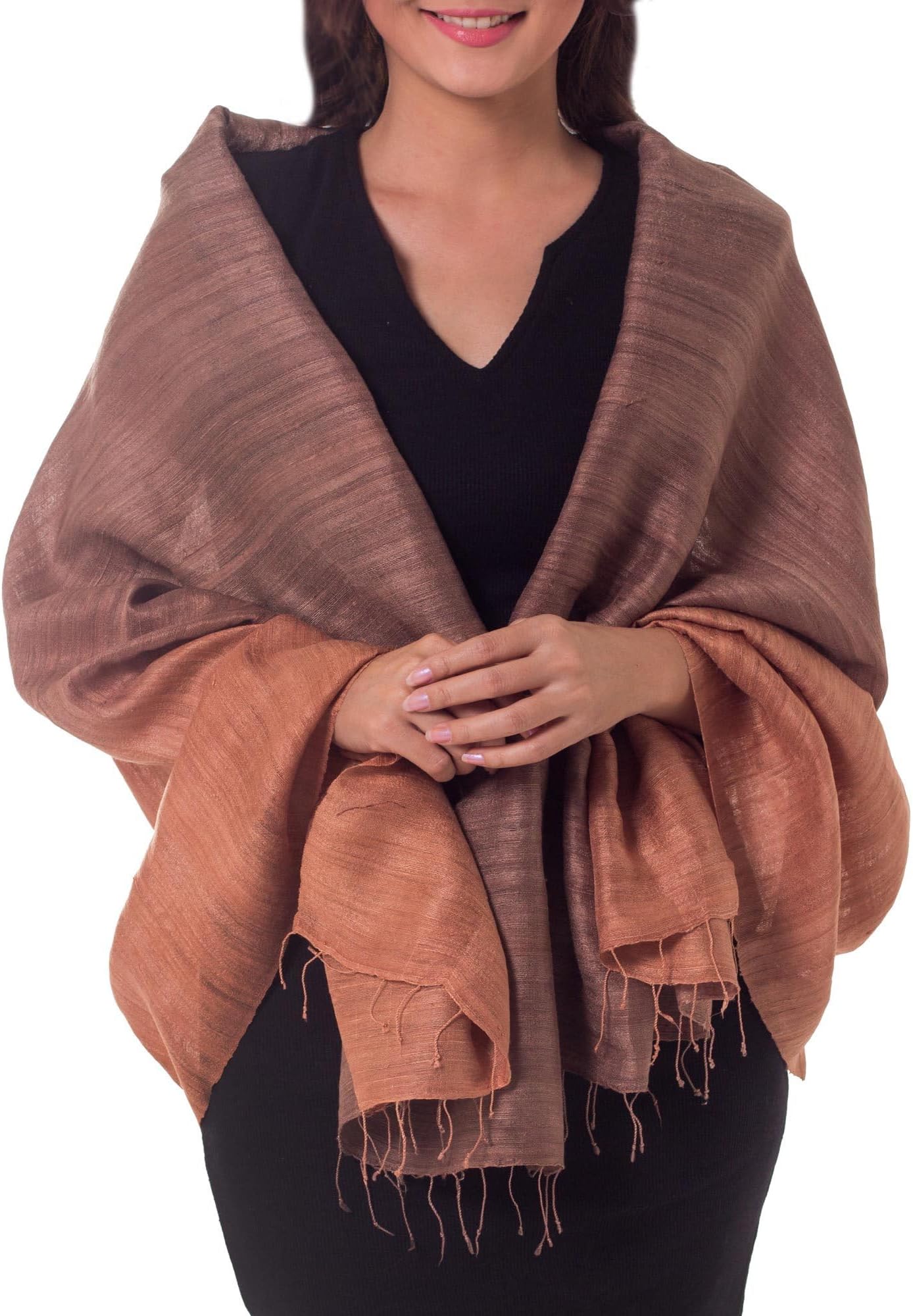 Artisan Handcrafted Silk Shawl Thai Patterned Accessories Shawls Brown Cognac Thailand ' Bold Spice'