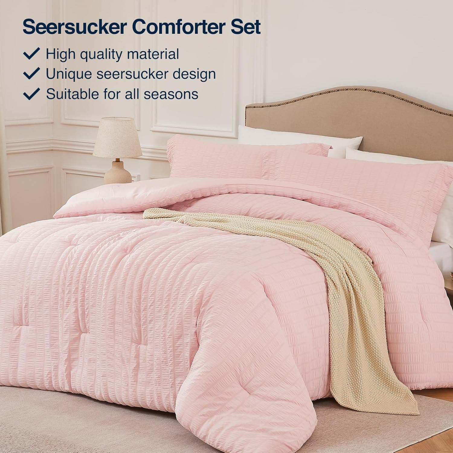 Quataly Pink Twin/Twin XL Comforter Set - 2 Pieces Seersucker Lightweight Bedding Comforter Sets (1 Soft Fluffy Comforter & 1 Pillowcase) - All Seasons Cozy Modern Bed Sets for Women Men