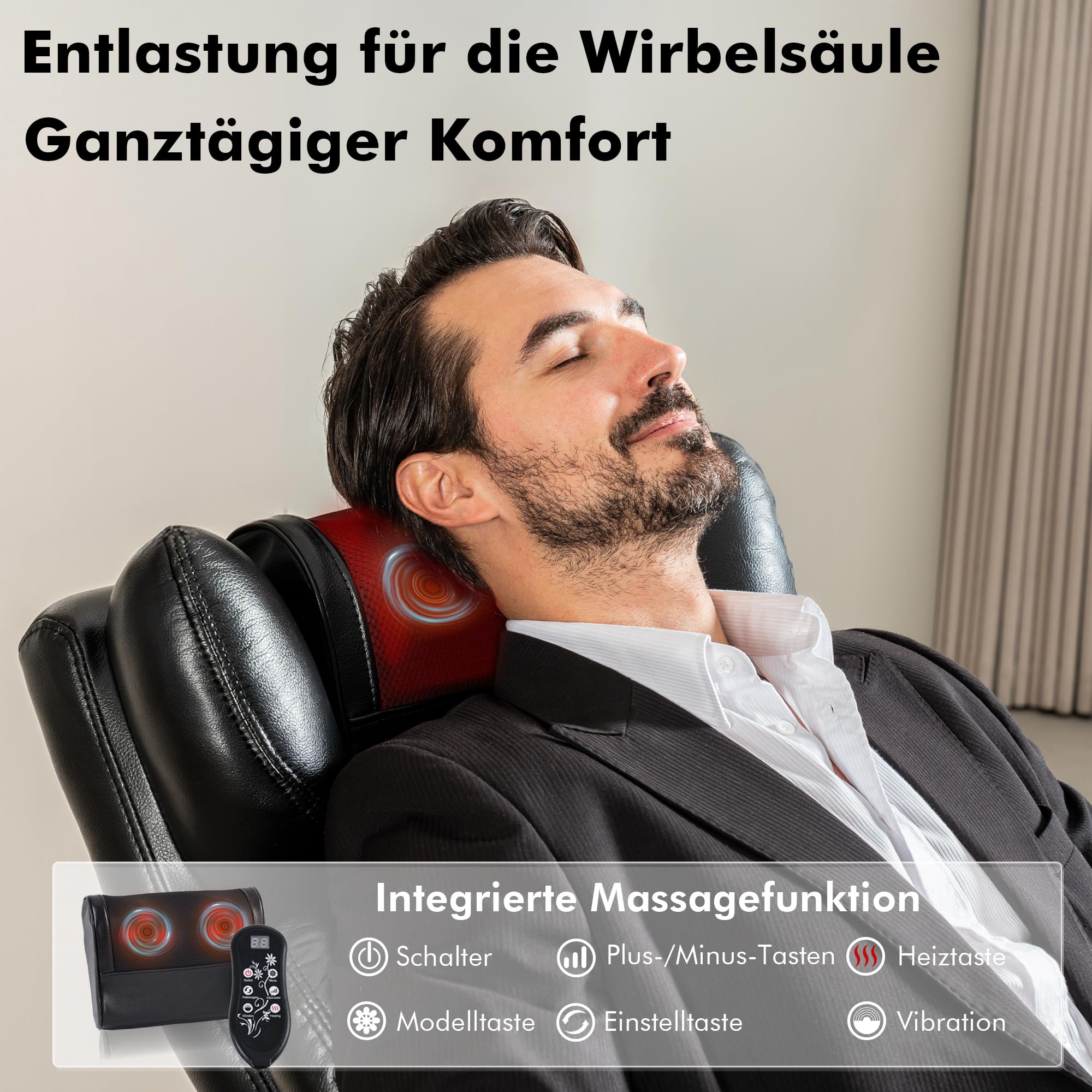 DEKKETO Bürostuhl Ergonomisch mit Fußstütze, PU Leder Chefsessel mit Massagefunktion, Verstellbare Kopfstütze und Lendenstütze, Rückenlehne, Drehstuhl mit Staufächern, Schwarz