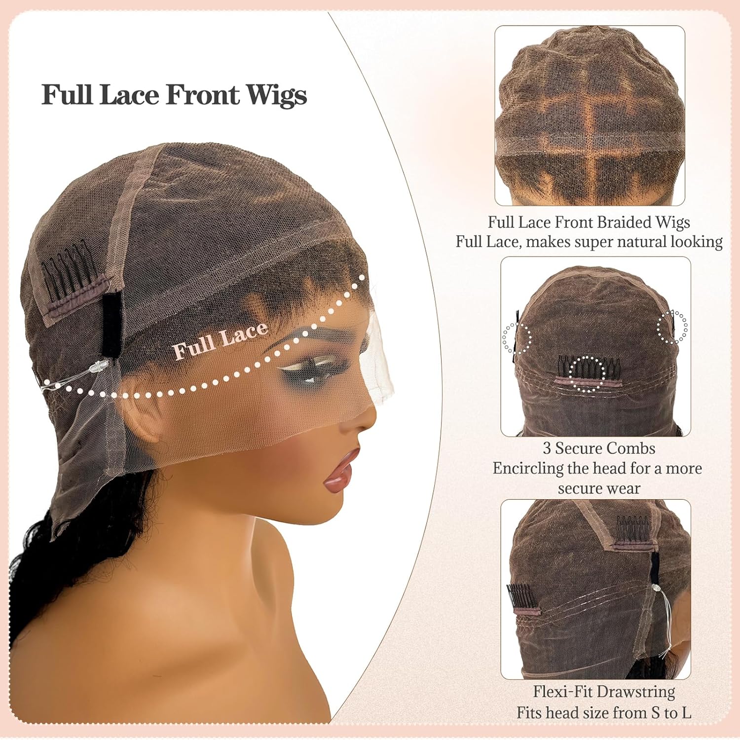 Full Lace Boho Braided Wigs for Black Women 28" Handmade HD Single-layer Square Knotless Box Full Lace Wig Human Hair Blended Bohemian Synthetic Braids Flexi-Fit Invisi Drawstring Cap Braiding Wig