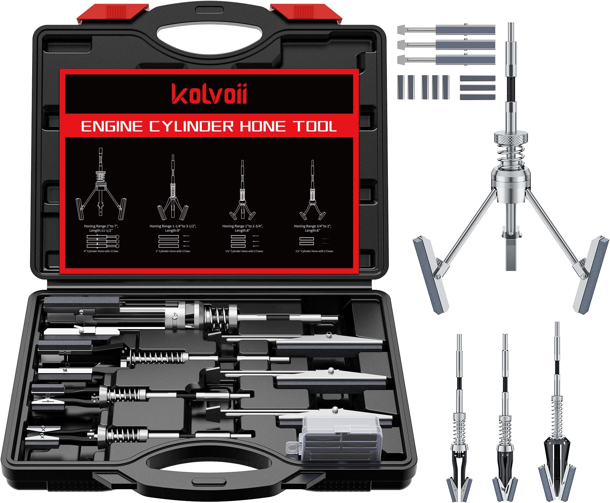 Cylinder Hone Tool Set with Tool Box, Adjustable Engine Cylinder Honing Tool for Sizes 3/4" to 7" Cylinders, 1-1/8", 3" and 4" Diameters with Extra 11 Piece Replacement Honing Stones 220 Grit