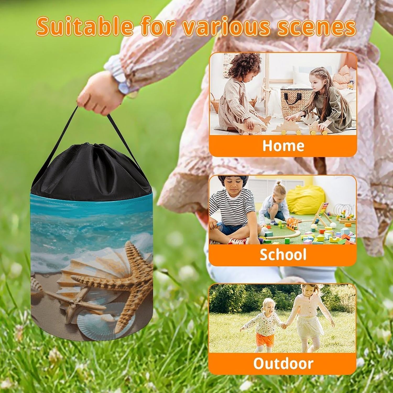 Ocean Sea Seashell Starfish Storage Bag Large Reusable,Storage Box with Handle Drawstringm, Toy Storage Organizer Travel Case for Building Toys for Puzzles, Building Blocks, Board Game, Stationery, Bo image 5