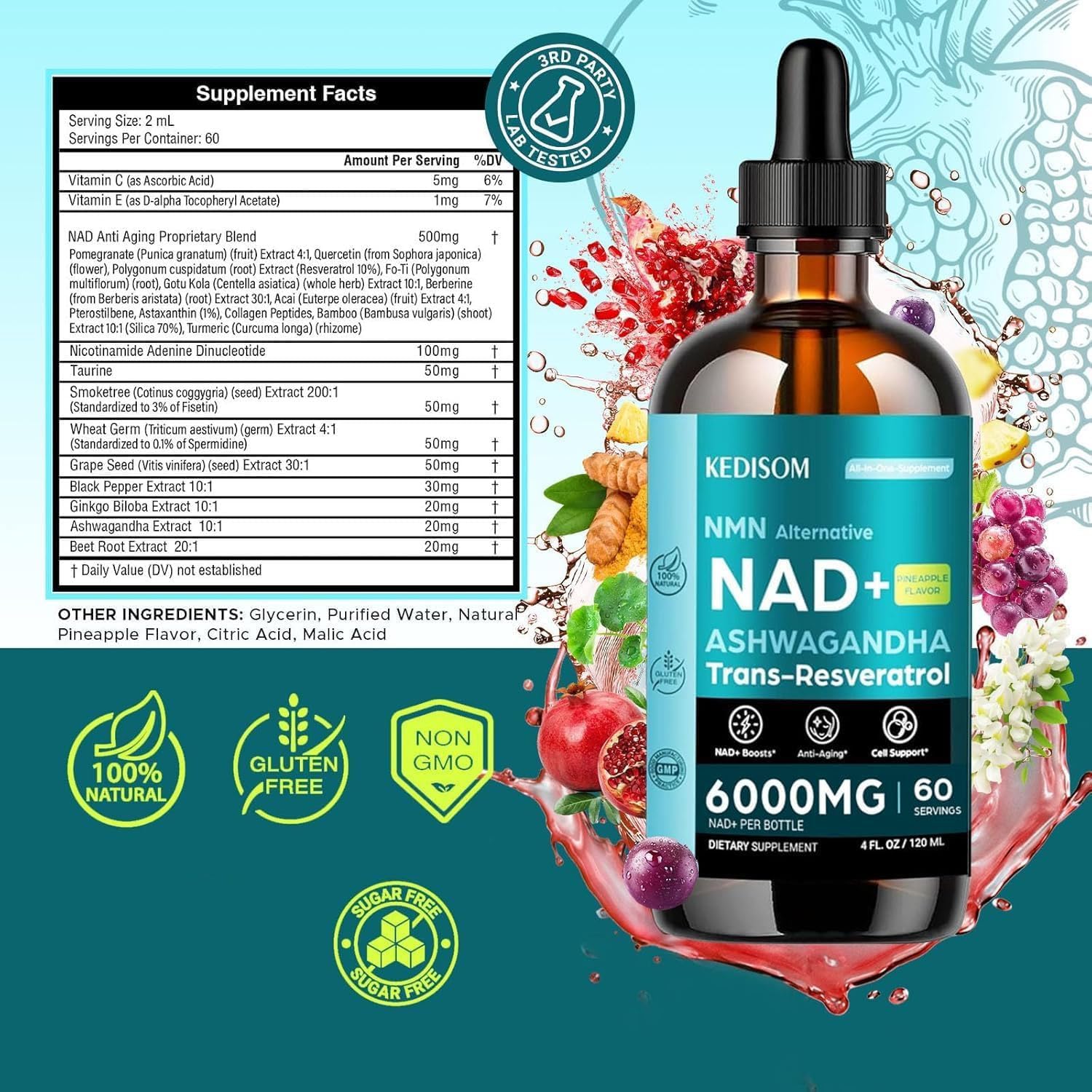 23-in-1 Liposomal NAD Supplement, NAD Liquid Supplement Drops with Resveratrol, Black Pepper Extract, Support Healthy Aging, Energy Metabolism & Overall Vitality, 4 Fl Oz, Pineapple Flavor — Amazon image 8