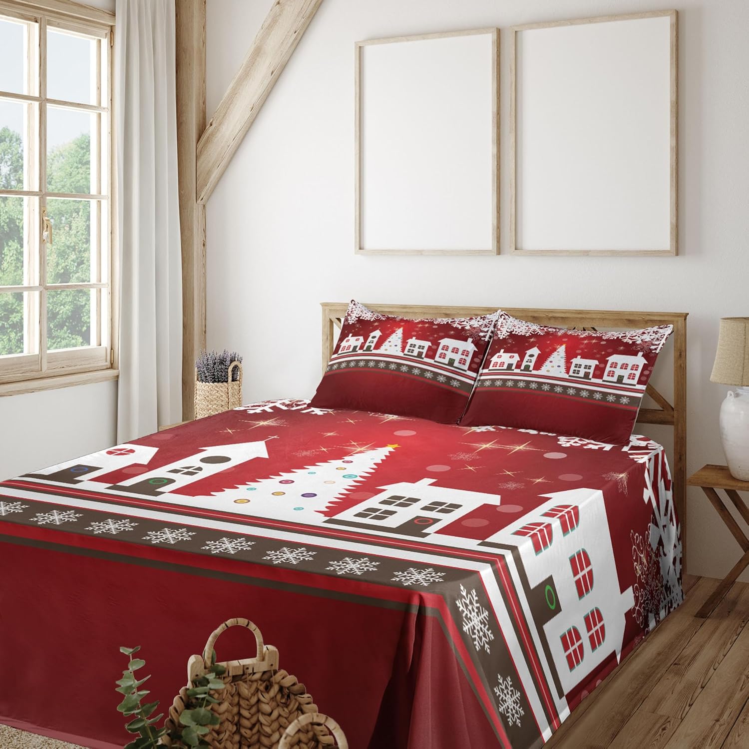 Ambesonne Christmas Sheet Set, Winter Holidays Theme Gingerbread House Trees and Snowflakes Art Print, Fitted and Flat Sheet with Pillowcases Bedding Accent 4 Piece Set, Full, White and Red