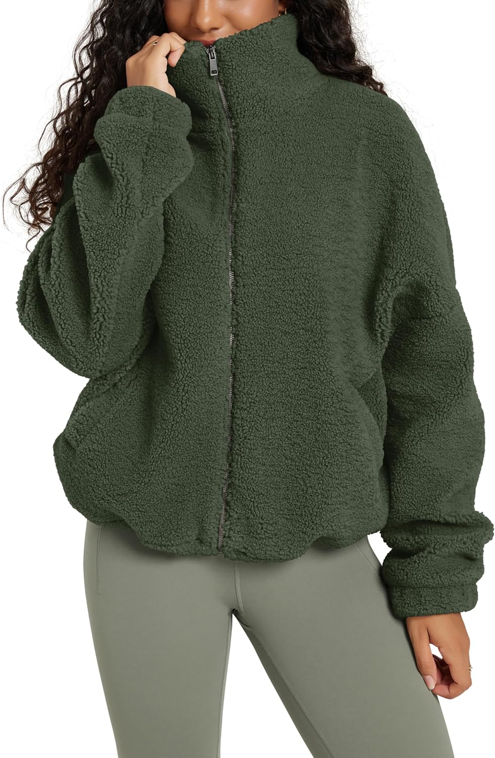 ODODOS Women's Sherpa Fleece Full-Zip Jacket Long Sleeve Coat Soft Warm Cinchable Outerwear with Pockets