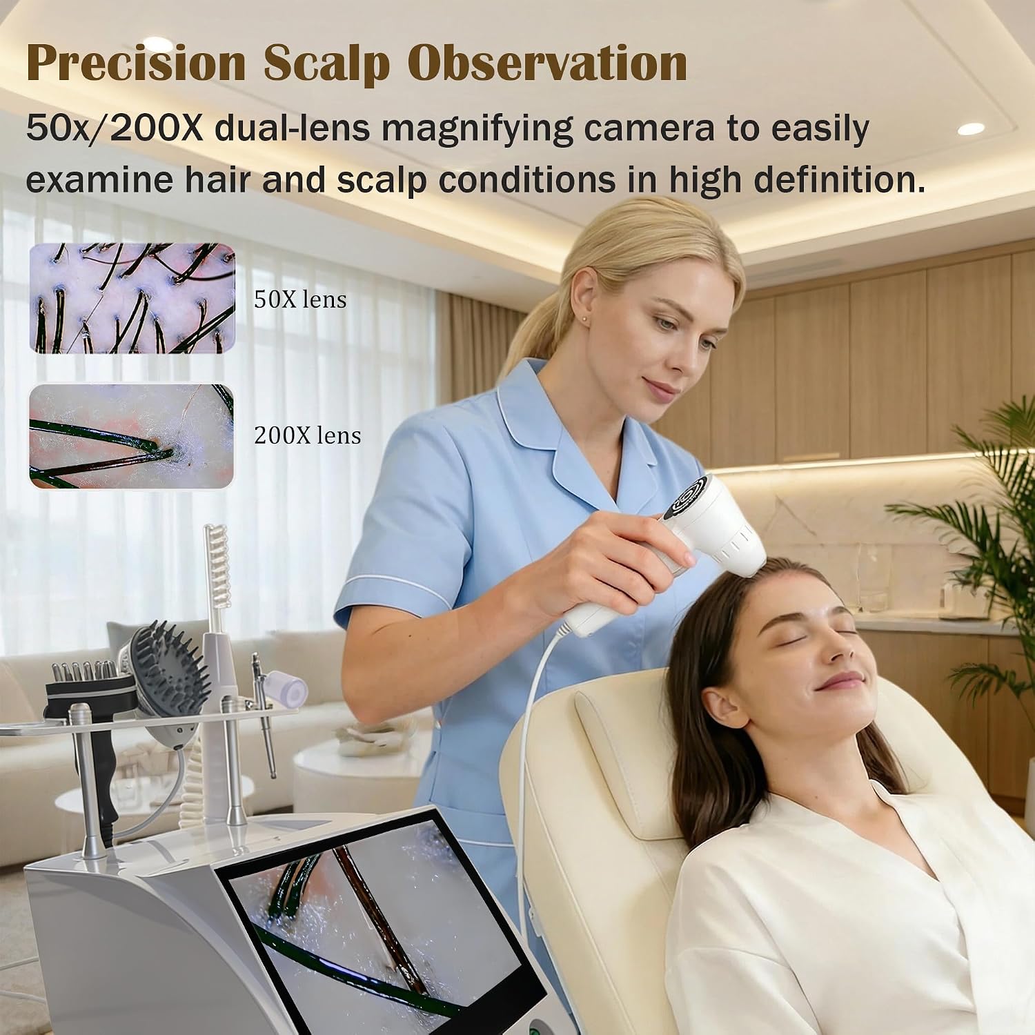5-in-1 Hair & Scalp Care System - with Magnifying Lens, Massage Brush, Vibrating Comb, Relaxation Head & Refreshing Spray - Personal Grooming Device for Home Salon Use