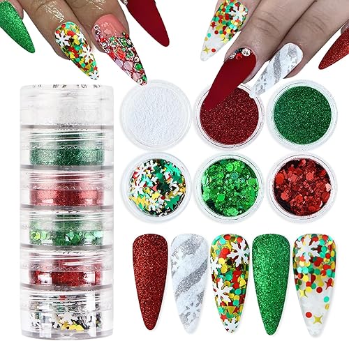 Dijes de uñas de Navidad con purpurina en polvo rojo y verde para uñas, lentejuelas, holográfico, blanco, diamante, hielo, aurora, azúcar, arena,