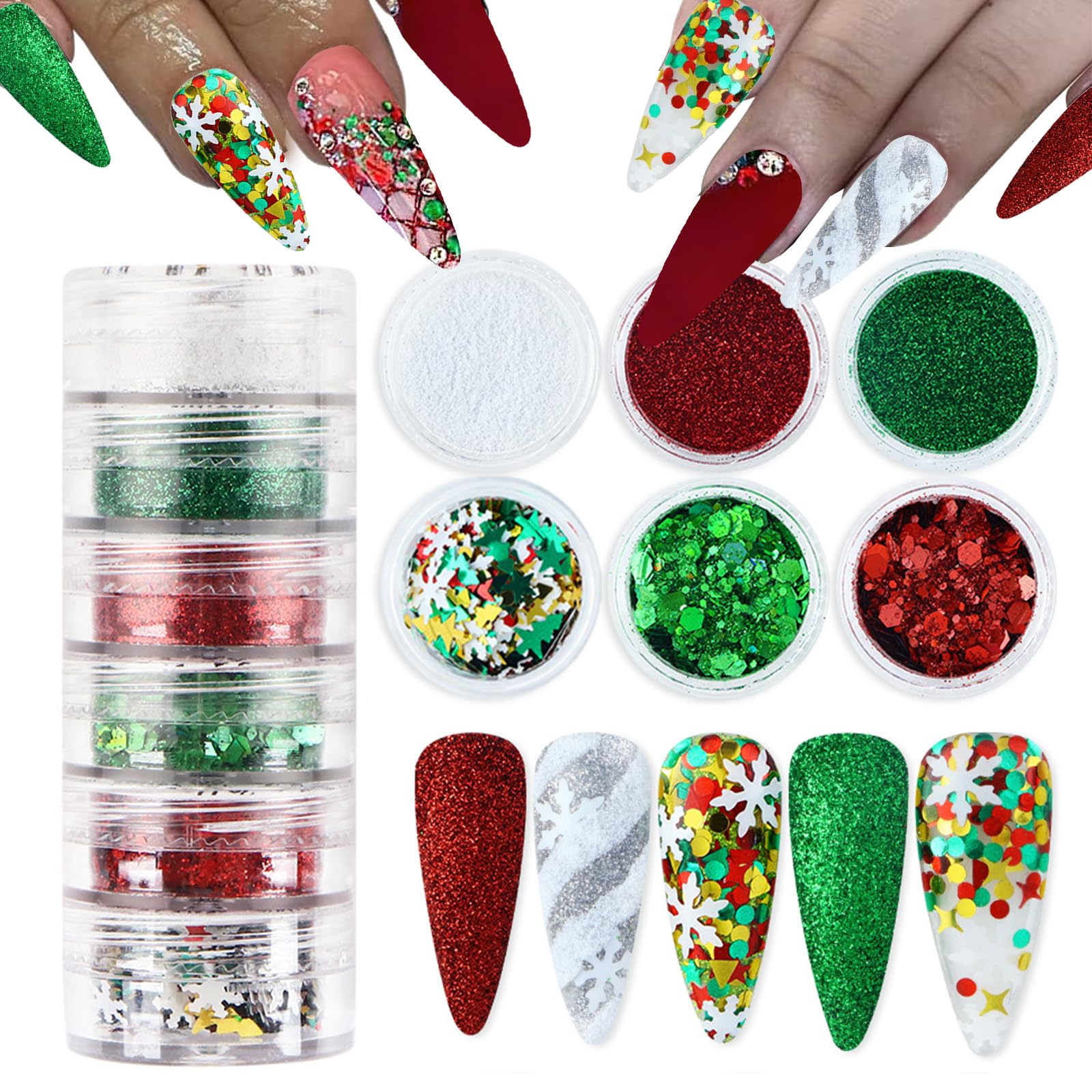 Christmas Nail Snowflake Glitter Powder Red Green Nail Charms Sequins Winter Holographic White Crystal Diamond Ice Aurora Sugar Sandy Dust Nail Powder for Face Hair Nails Design Decoration