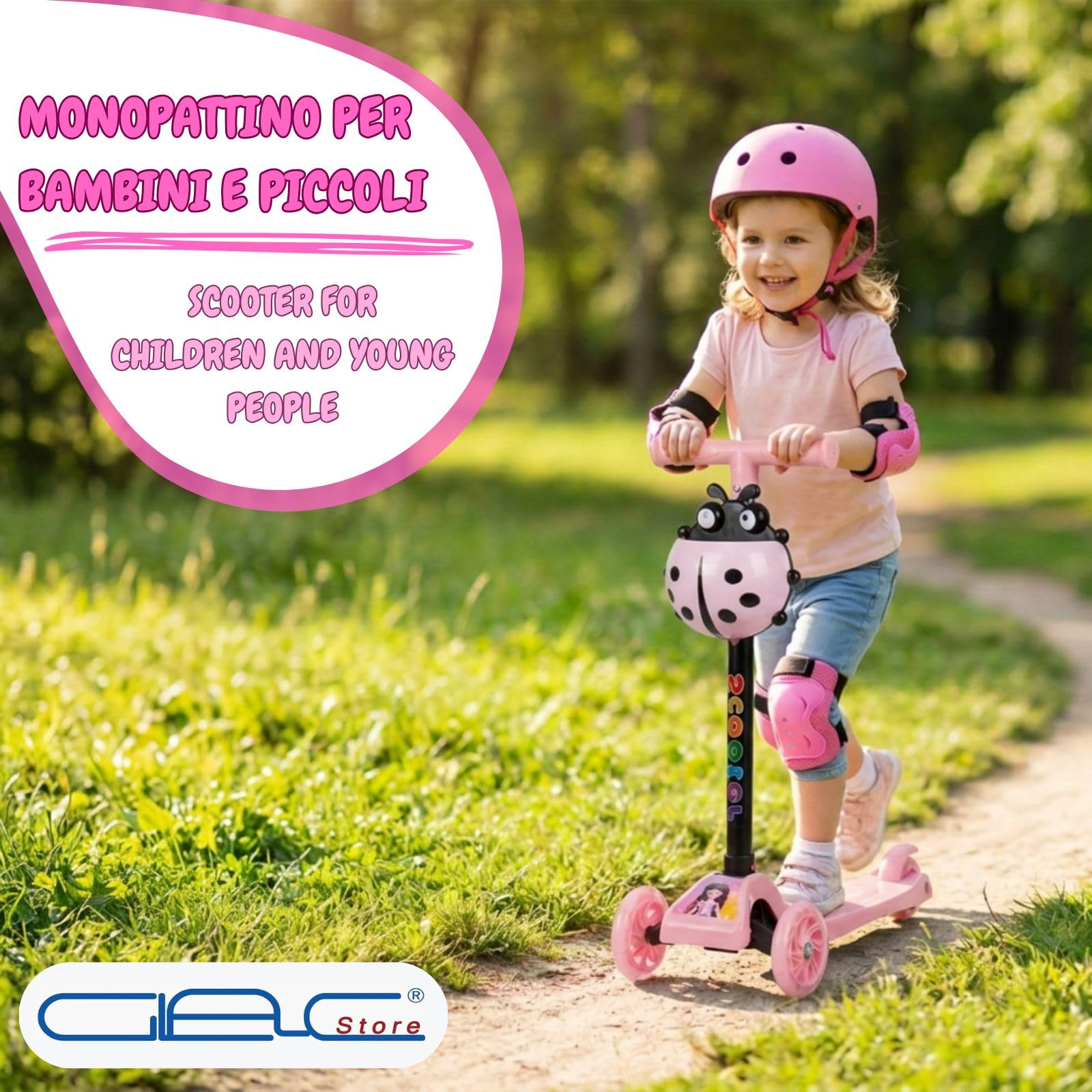Monopattino per Bambini 3+, 3 Ruote con Luci LED, Manubrio Regolabile 52-72 cm, Design Coccinella, Rosa o Azzurro