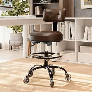 Office Drafting Chair with Footrest, Adjustable Tall Stool with Back Support, Heavy Duty Rolling Chair for Office and Home (Brown)