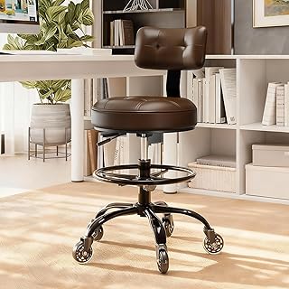 Office Drafting Chair with Footrest, Tall Height Adjustable Stool with Back Support, Heavy Duty Rolling Stool Chair with Wheels for Office Home Kitchen Bar Shop Guitar Studio Medical Vanity(Brown)