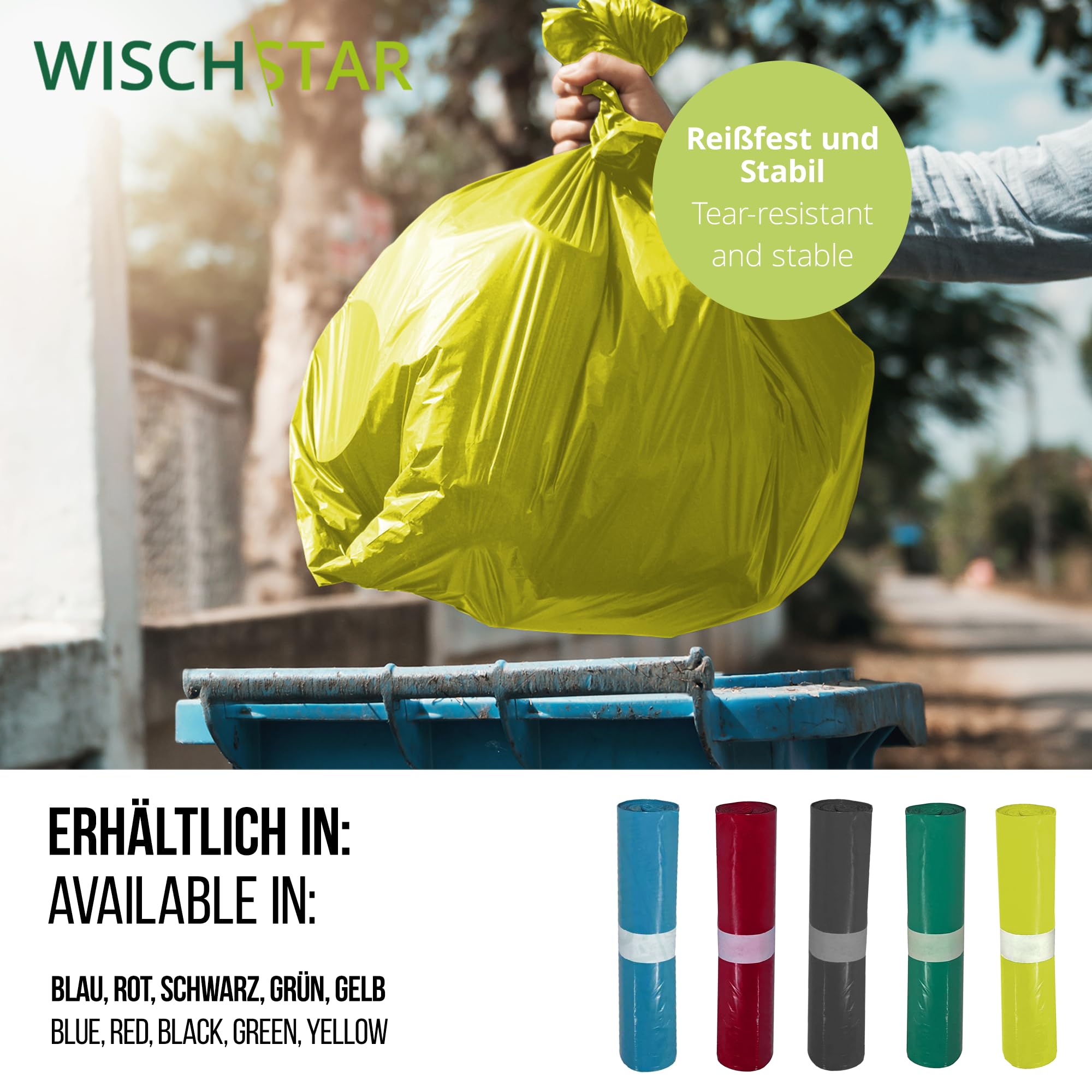 Wisch Star Müllbeutel 120L in Gelb, 10 Rollen à 25 Stück | Mülltüten groß 700x1100mm extra stark, reißfeste und stabile Abfallsäcke, Schwerlast Müllsäcke für hohes Müllaufkommen