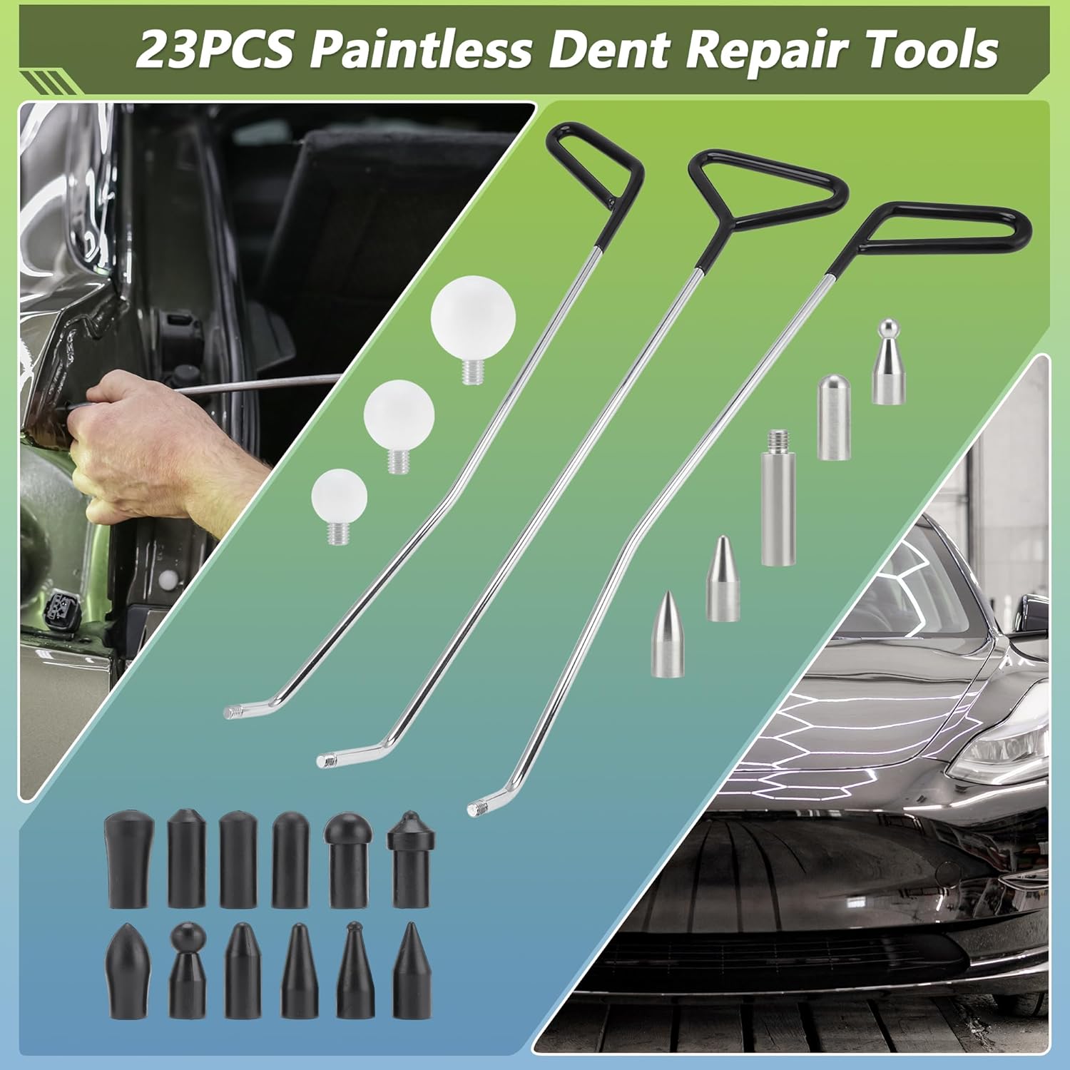 23PCS Paintless Dent Repair Tools, 3 Car Dent Repair Rods with 20 Awl Heads Car Body Dent Repair Tool for Door Dings, Minor Dents and Hail Damage