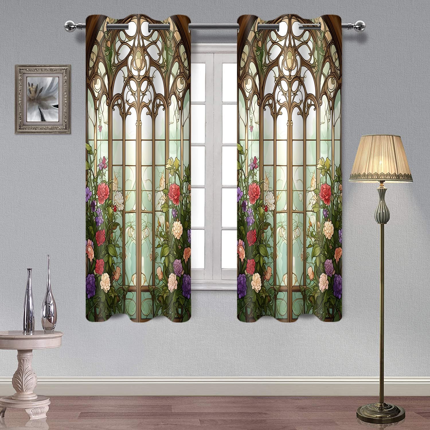Floral Retro Blackout Curtains 84 inches Long 2 Panels Stained Glass Vintage Colorful Floral Flower Print Curtain Garden Nature Botanical Green Plant Window Drape for Living Room Bedroom 52x84in