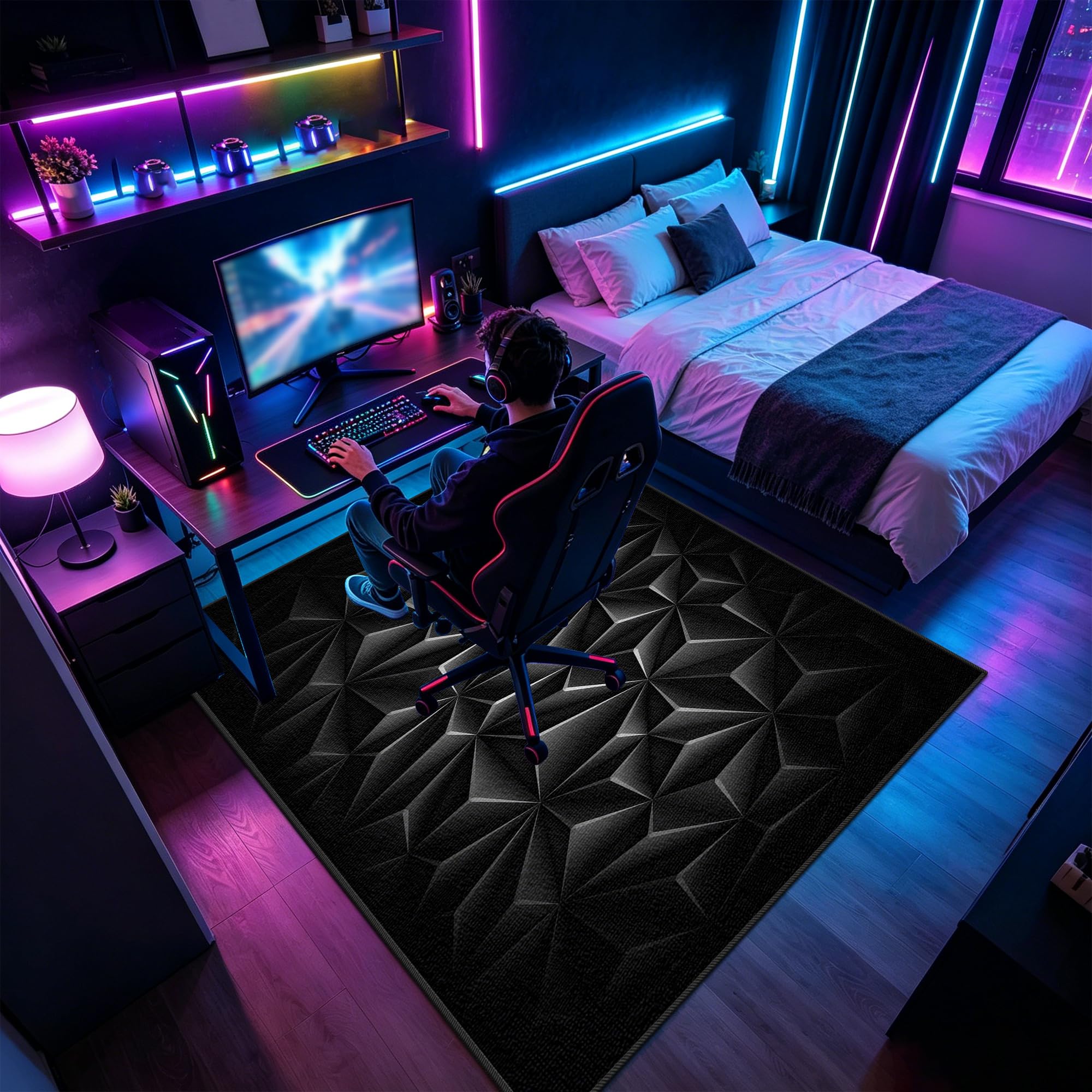 Teppiche für Gaming Zimmer, rutschfeste Waschbar Teppiche für Schlafzimmer, Gaming Teppich groß für Jungen Teenager Schlafzimmer Fußmatte Wohnzimmer 80x160cm/31.50x62.99inch