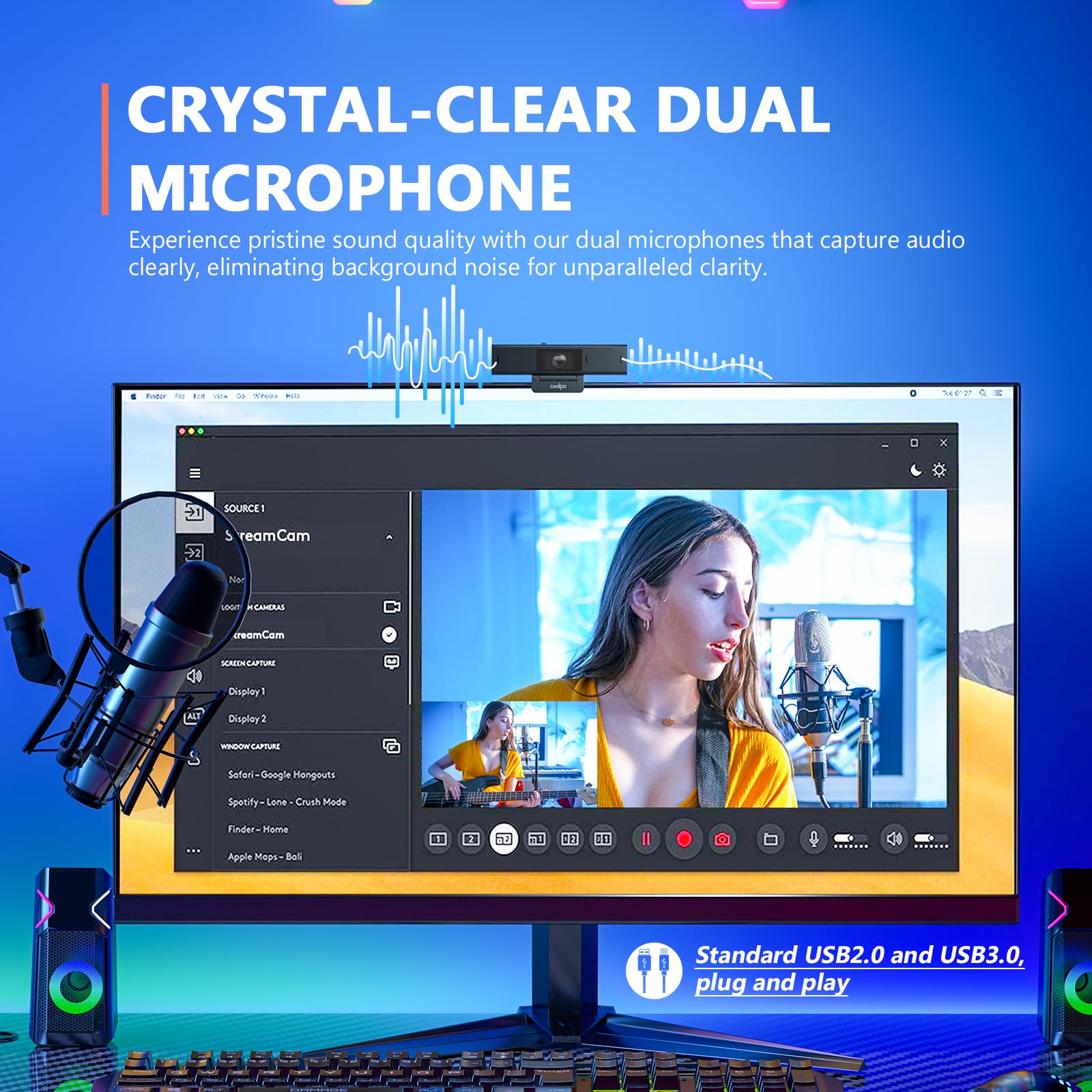 COOLPO Desk Mate Webcam, Streaming Webcam, cámara de documentos, cámara web de computadora con micrófono y control de software, AutoFocus, cancelación de ruido IA, cámara de reducción de ruido HD