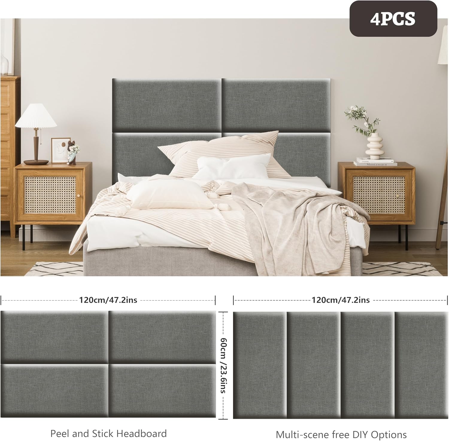 Wall Mounted Headboard, Peel and Stick Headboard Panels in Dark Grey, Reusable and Removable Padded Wall Panels for Bedroom & Living Room (1 Panels, 23.6 * 11.8 * 1.9 in)