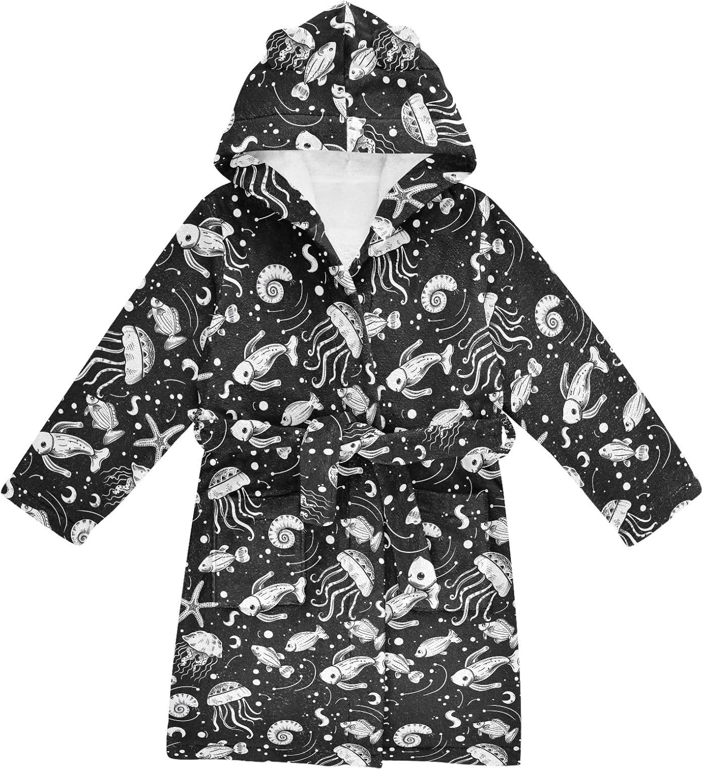 senya Black Jellyfish Toddler Hooded Bathrobe Kids Soft Plush Bath Towel Robes for Boys Girls 2-12 Years