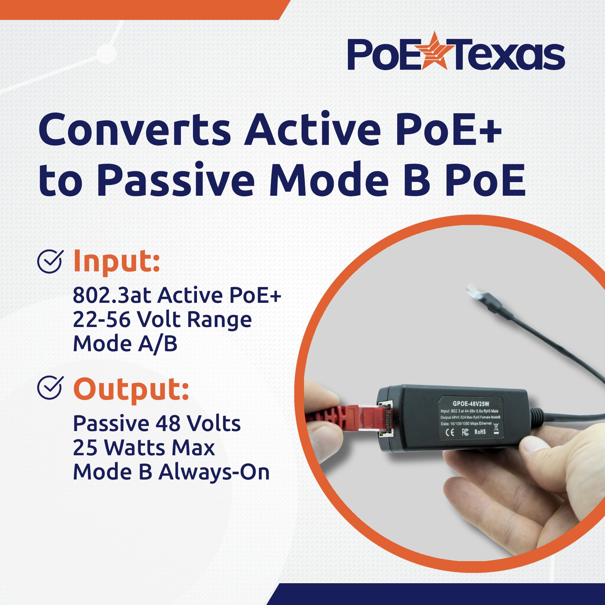 PoE Texas Convertisseur PoE actif à passif 48 V, Gigabit 25 W