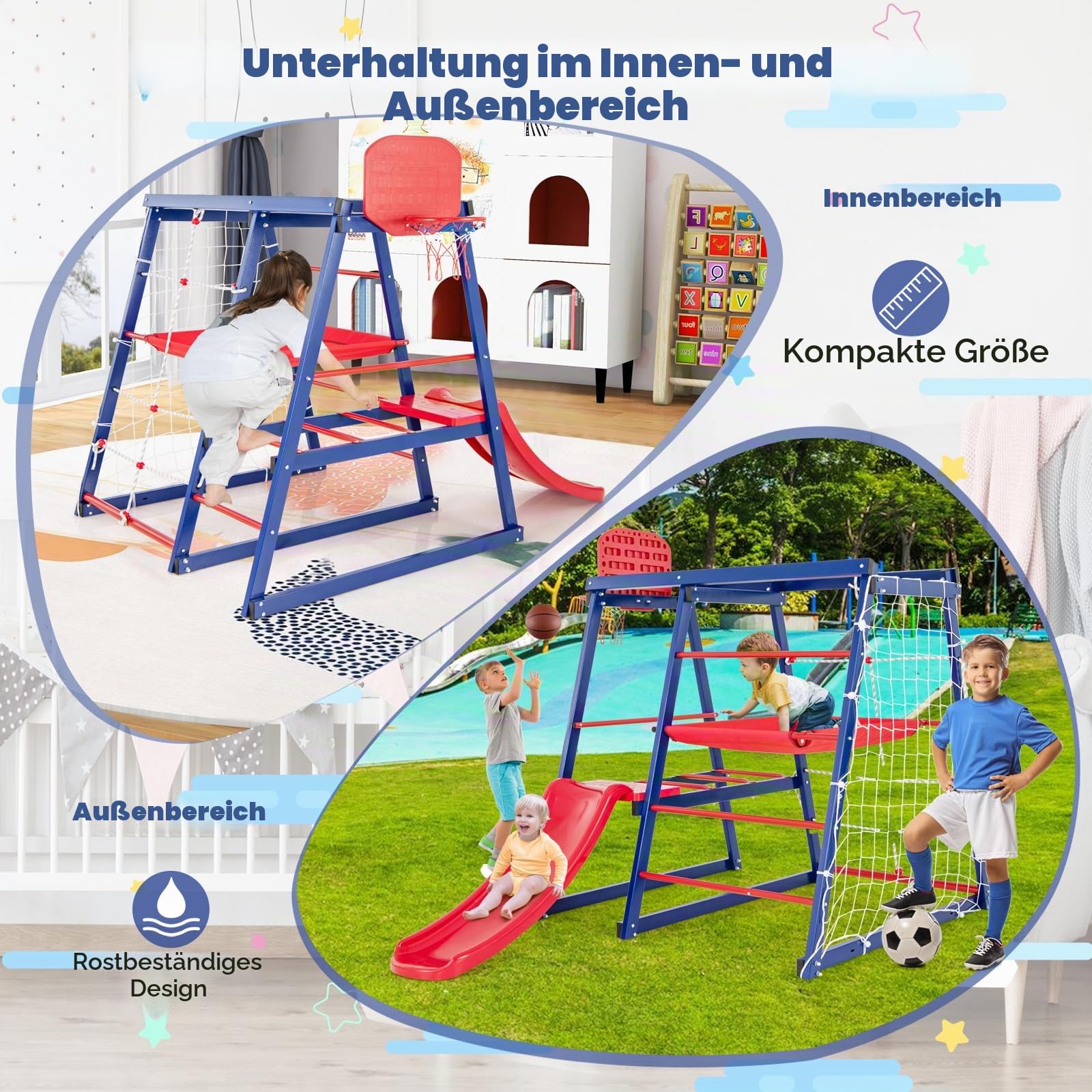 HOMASIS Spielplatz für den Außenbereich mit Rutsche, Kletterleitern, Seilleiter, Fußballnetz, Basketballkorb, Plattform aus Stoff, für Kinder von 3 bis 7 Jahren, 150 x 142 x 146 cm