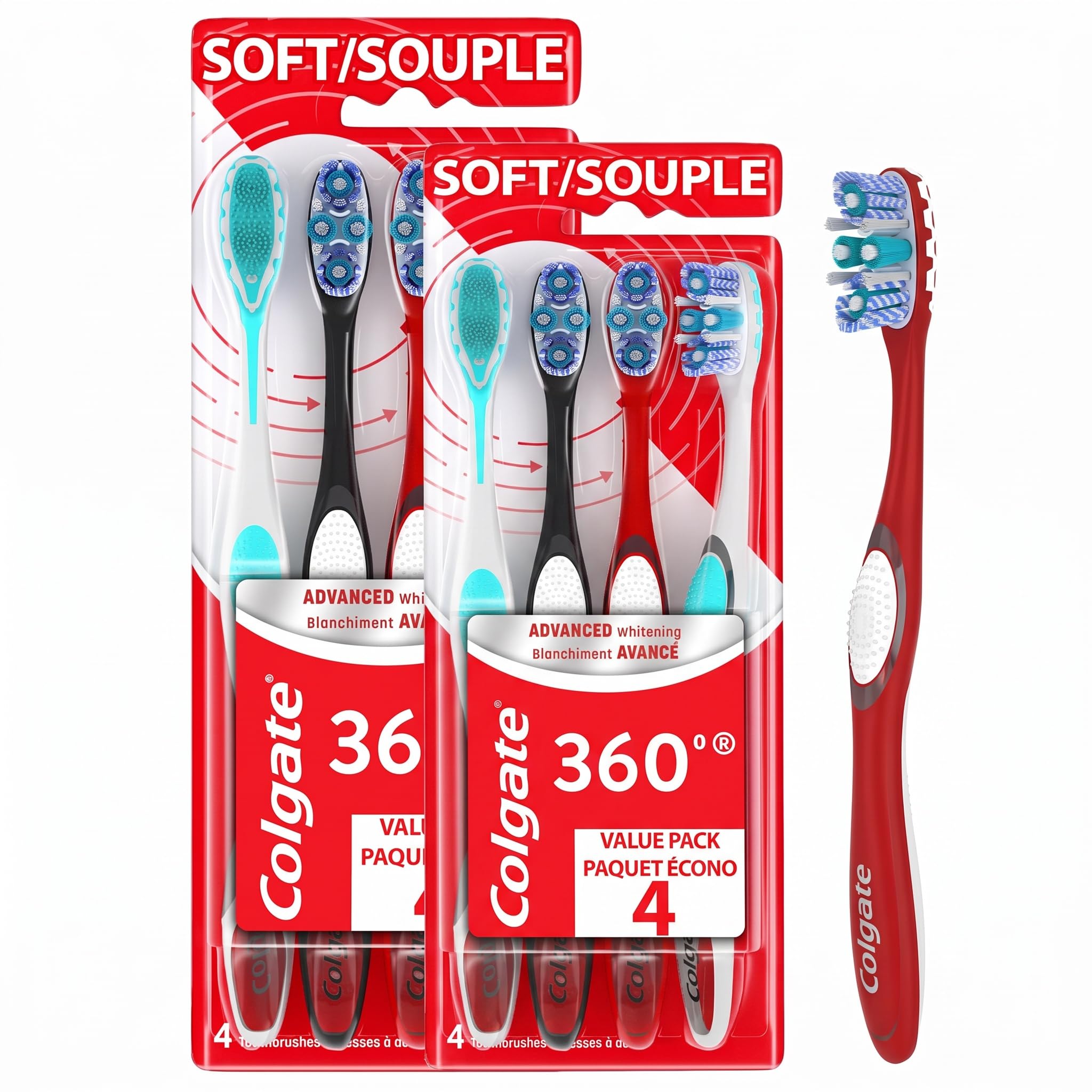 Colgate 360 Advanced Whitening Soft Toothbrush Pack, 4 Adult Soft Toothbrushes with Cheek and Tongue Cleaner, Helps Clean Your Teeth, Tongue, Cheeks, &amp; Gums, 4 - Pack (Pack of 2)