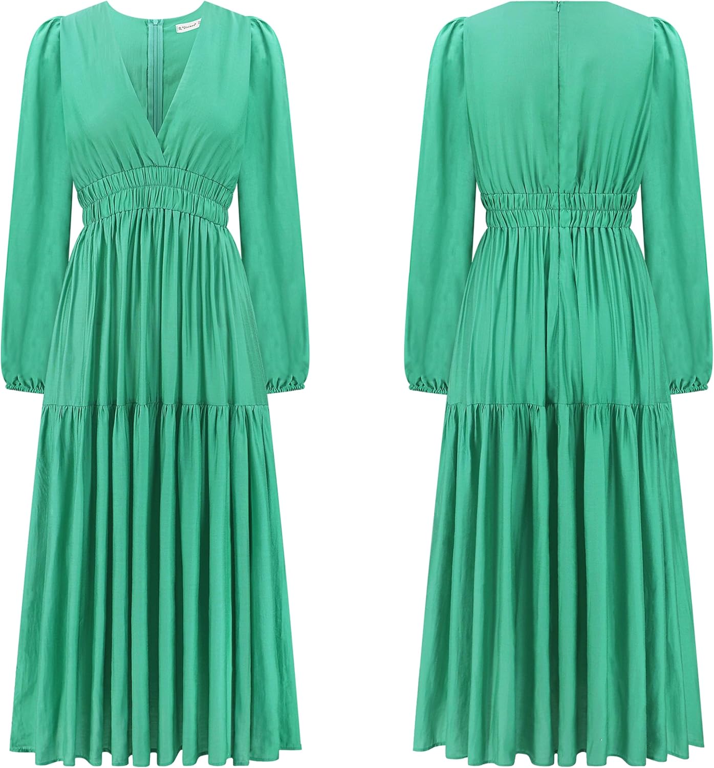 R.Vivimos Womens Casual Long Sleeve Midi Dress Deep V Neck Elastic Waist A-Line Tiered Flowy Elegant Dresses - Image 6