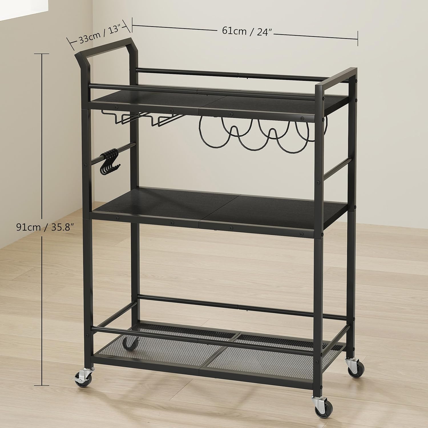3 tier bar cart front view with wine rack and glass holders