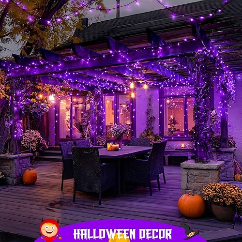 Miniatura 3 de JMEXSUSS Paquete de 2 luces solares moradas de Halloween, 100 LED de 42.7 pies, luces solares moradas impermeables para exteriores, 8 modos de luces