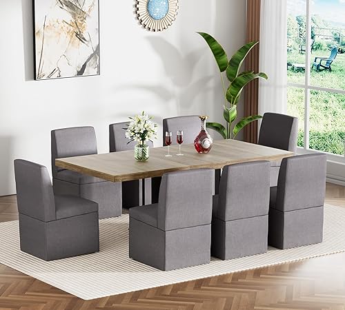 Miniatura 7 de Juego de mesa de comedor extensible para mesa de cocina extensible de 4, 5 piezas y 4 sillas de almacenamiento ocultas de lino tapizadas de madera