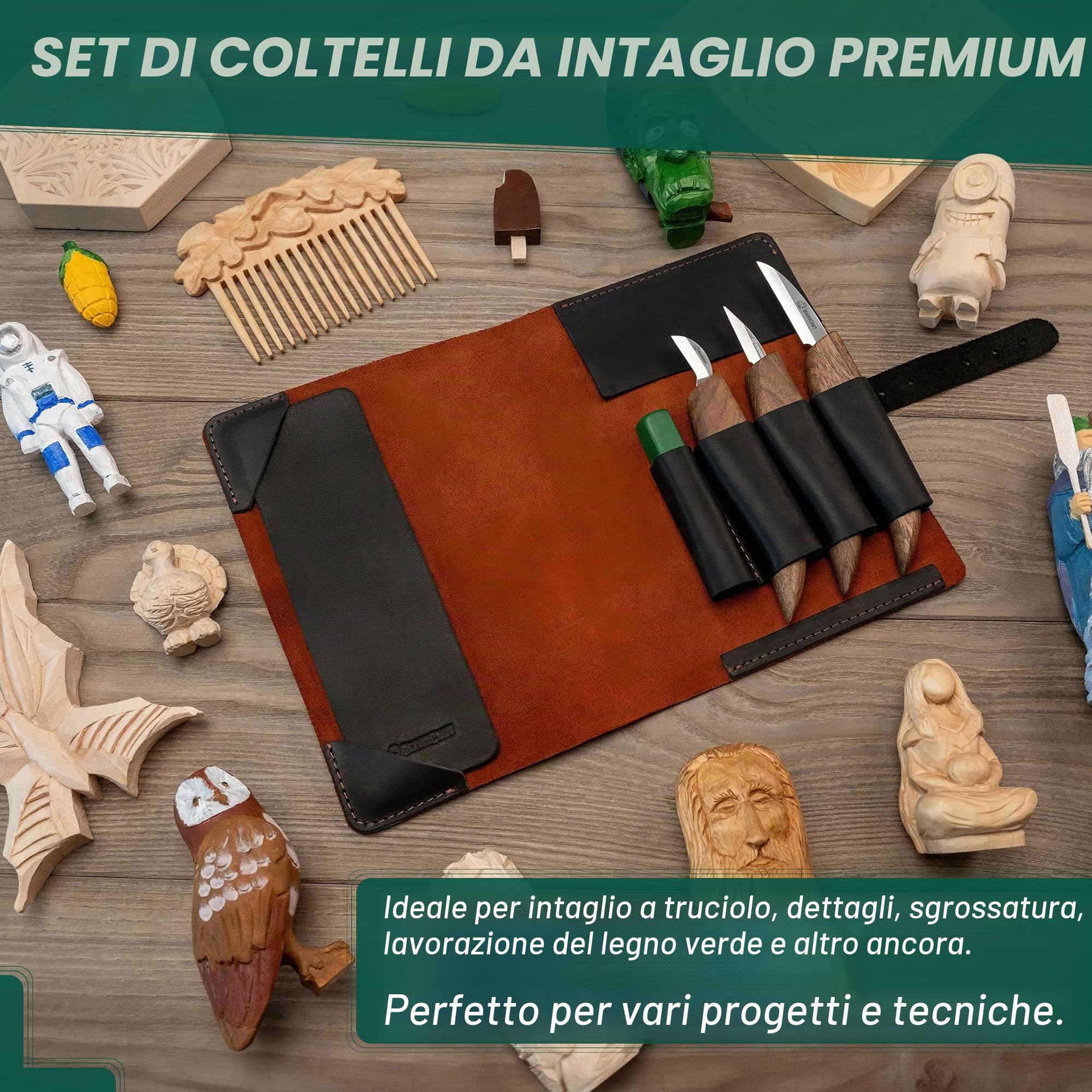 BeaverCraft Kit per intaglio del legno Set di coltelli da intaglio di lusso e strop in pelle S15X Set di coltelli per intaglio del legno Strumenti e coltello Strop con composto lucidante