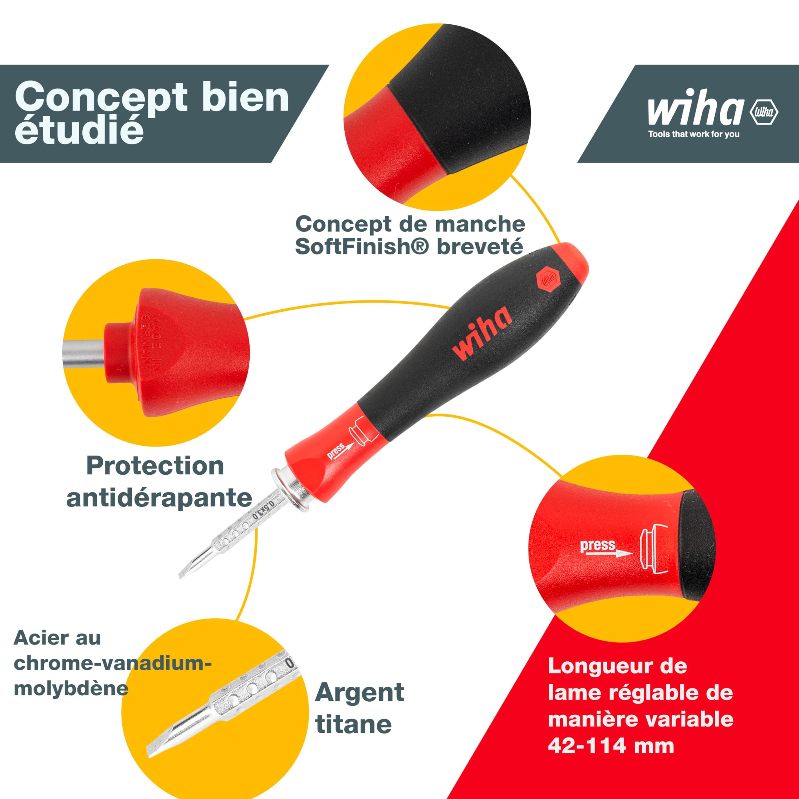 Wiha 3591 Lot de 11 Tournevis à fente/cruciforme/réversible | (03591) For recessed screws, hex, Phillips, TORX, slotted incl. roll-up pouch I screwdriver set