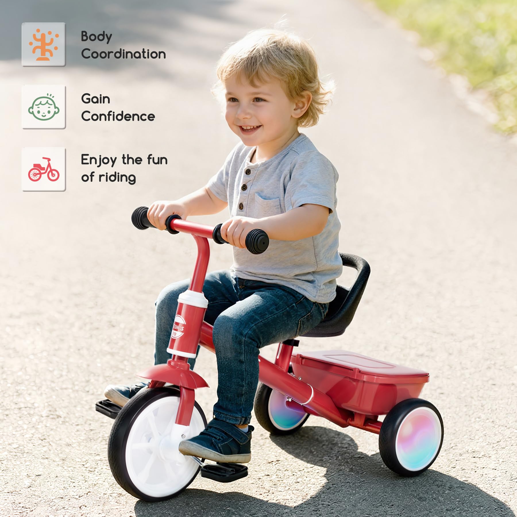 VITONIS Triciclo per bambini dai 2 anni in su, bicicletta senza pedali per bambini dai 24 mesi ai 5 anni, con due ruote illuminate a LED, regali e giocattoli per bambini e bambine, rosso