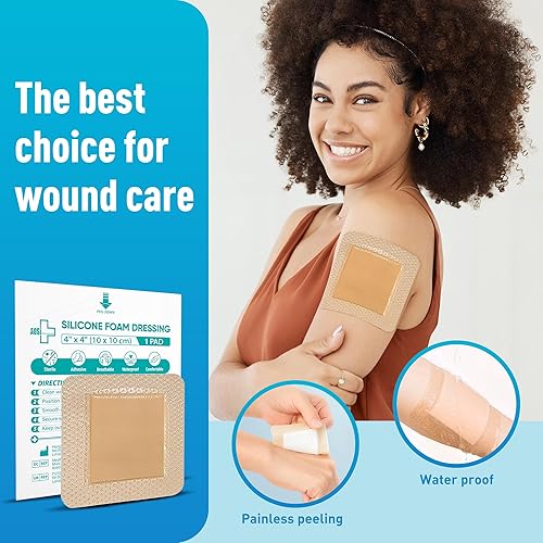 Miniatura 6 de General Medi Apósito para isla de espuma de silicona impermeable (10 paquetes)  Almohadilla estéril para el cuidado de heridas de 4 x 4 pulgadas con