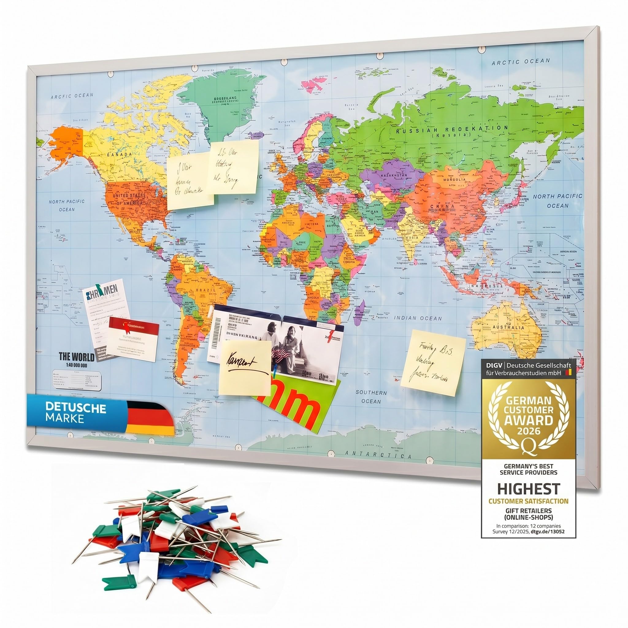 Tablero de anuncios de corcho del mapa mundial con marco 90x60 cm - Tablero de notas de corcho con 20 banderas marcadoras - Tablero de anuncios del mapa mundial Memoboard XXL