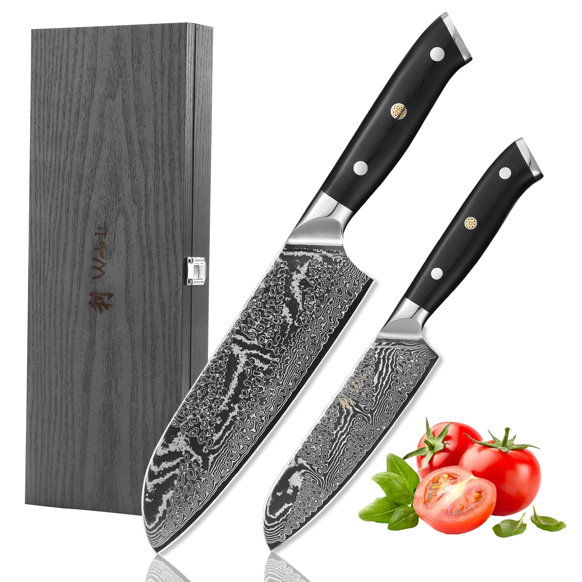 WAKOLI Nitoko Set de 2 Couteaux Santoku de Cuisine Professionnels en Damas | lames de 18 et 12,5 cm, noyau VG10 à 67 couches, manches en G10, lame intégrale, avec protège-doigts, élégant coffret en bois