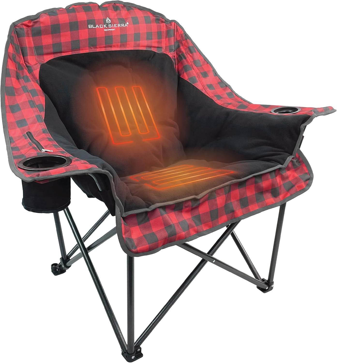 Black Sierra Heated Plush Fleece XL Padded Camping Chair for Adults, Oversized Heavy Duty Folding Seat with 3‑Level Heat & Battery Pack, Supports 400 lbs, Cup Holders & Carry Bag for Camping & Patio