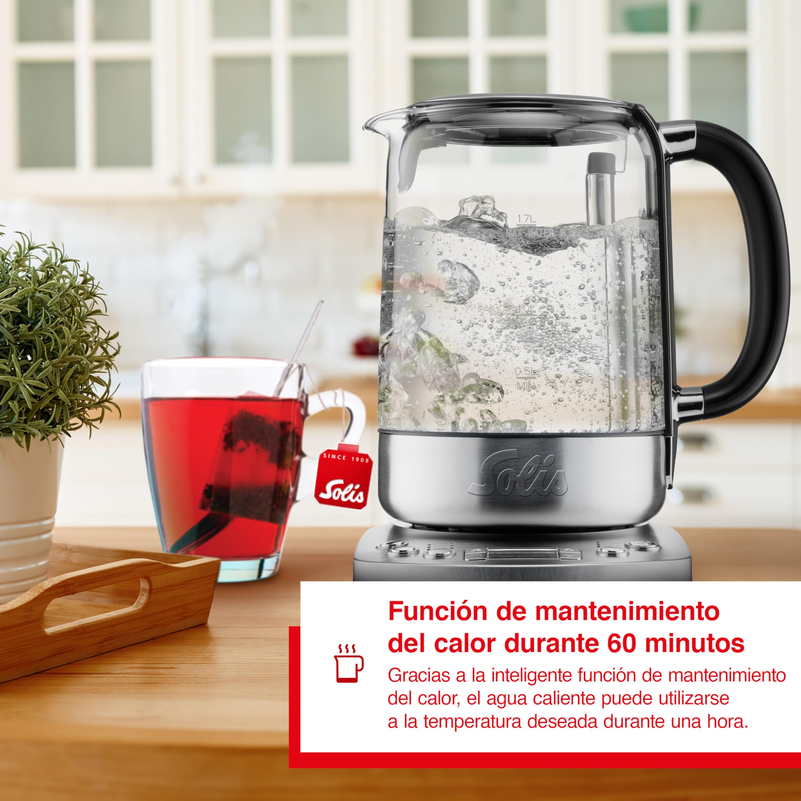 Solis Tea Kettle Automatic 5518 - Hervidor de agua con ajuste de temperatura - Tetera - Función temporizador - colador de té integrado - Jarra de 1,7 litros