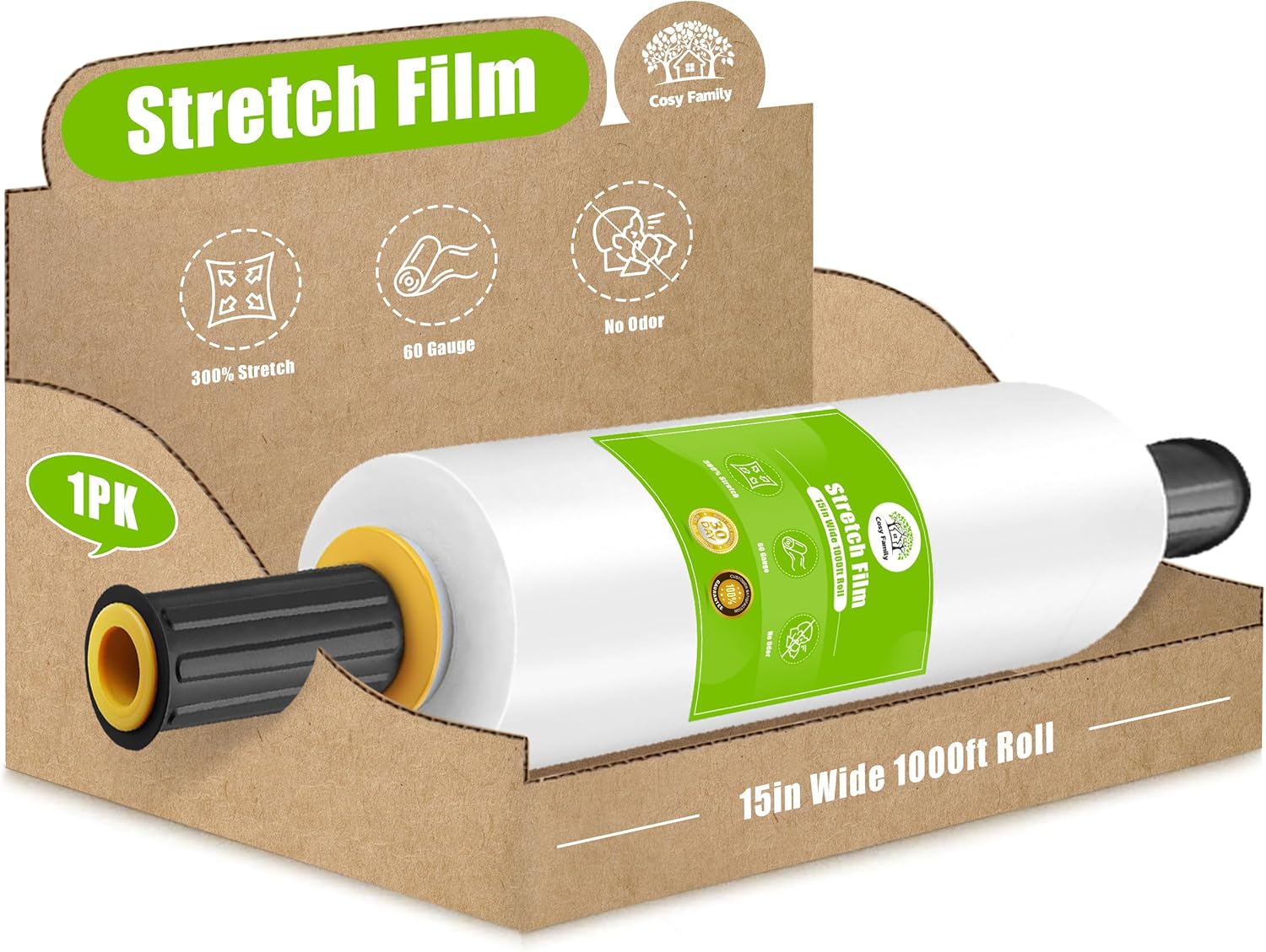Cosy Family Plastic Wrap Stretch Film Roll – 1000ft 60 Gauge Industrial Strength 15 inch Wide Clear Plastic Wrap Roll with Handles for Pallet Wrapping Shipping Moving – Clear, Pack of 1
