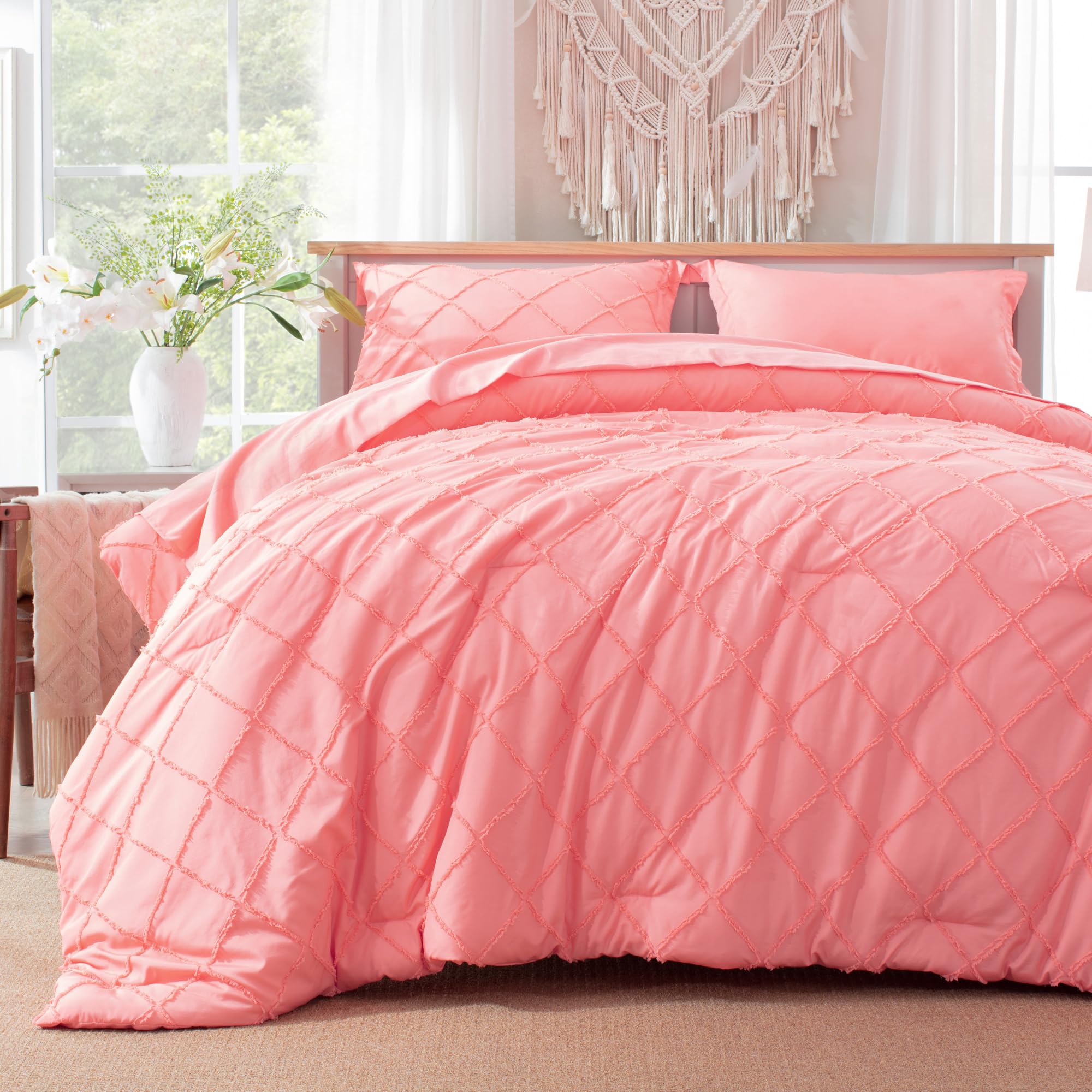 Boho Girlish Pink Comforter Set with Jacquard Tufted Design, Shabby Chic Bedding Sets for All Seasons, 5 Pieces Twin Dorm Bed in a Bag with Comforter, Flat Sheet, Fitted Sheet, Pillowcases & Shams