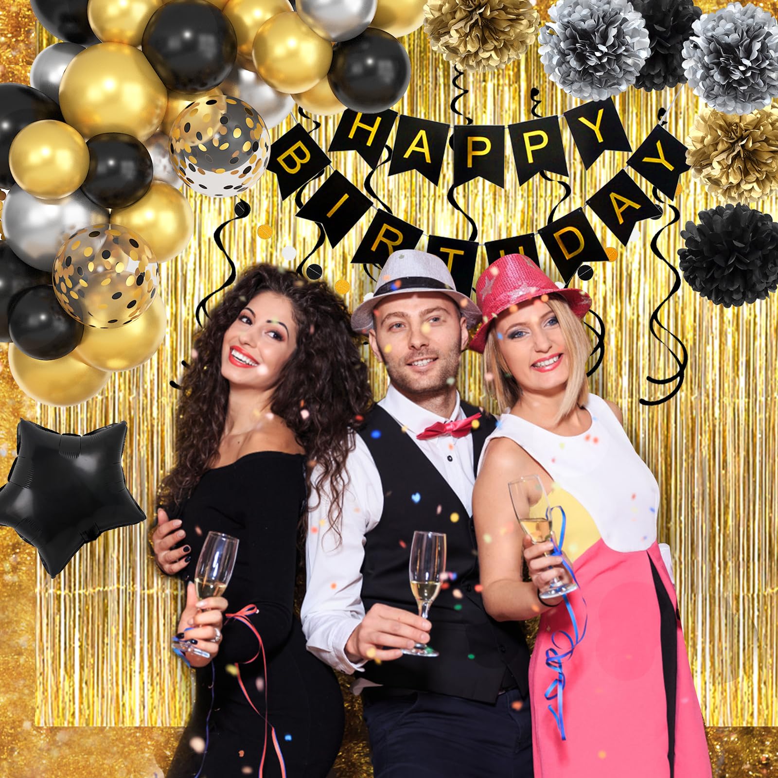 Amazon.com: Black and Gold Birthday Party Decorations Kit for Men Women,  Cheers Beer Confetti Black Gold Balloon Happy Birthday Banner Fringe  Curtains Swirl Circle Dots Tassels Pom Graduation 30th 40th 50th Him :