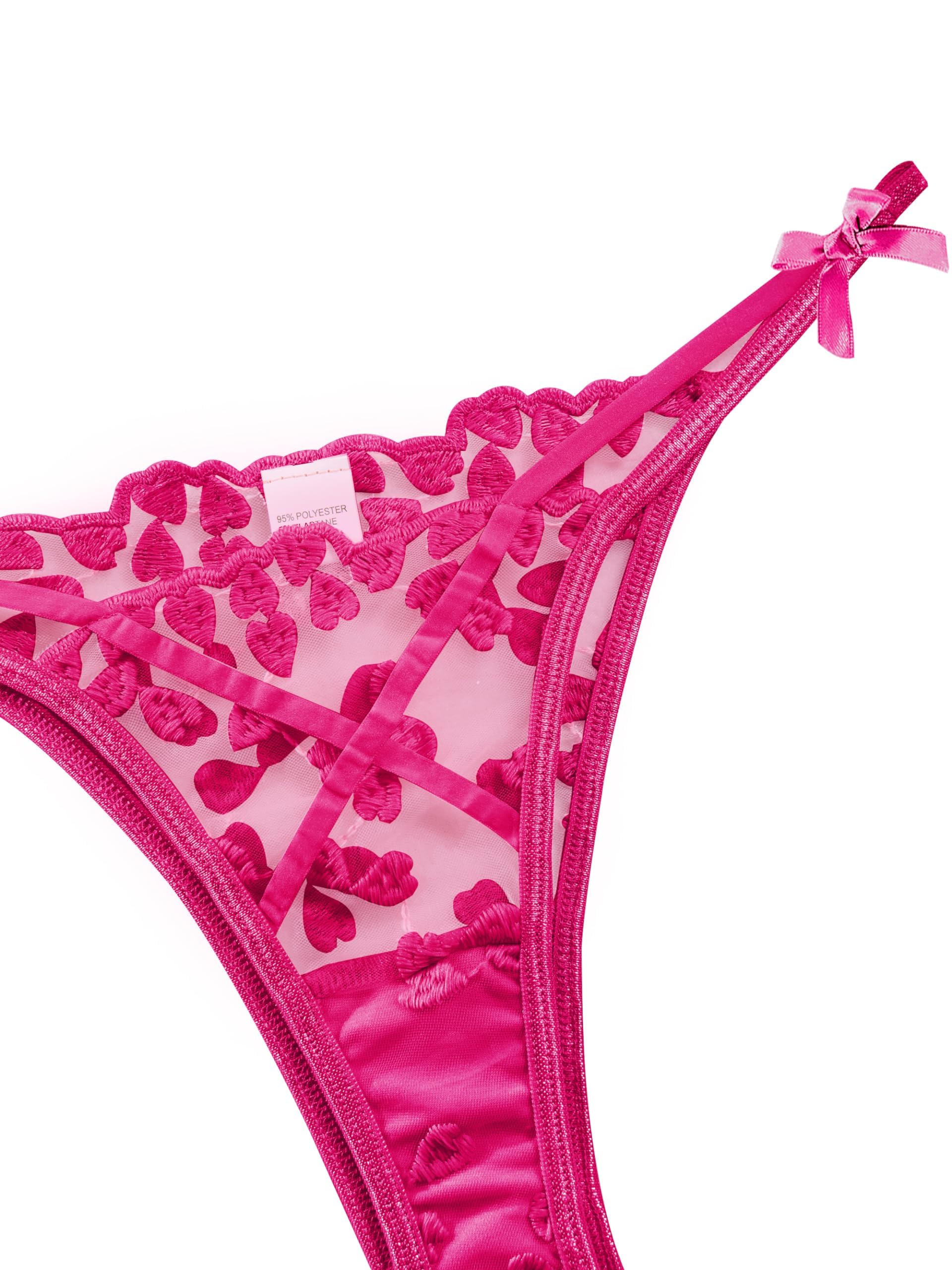 Lilosy Sexy Underwire Cute Push Up Strappy Embroidered Mesh Sheer Lingerie Set See Through Panty Bra: 3X-Large Bow Hot Pink