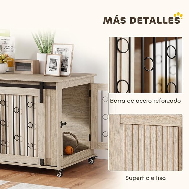 Foto 6 de 8 de PawHut Jaula para Perros con Ruedas Mesa Auxiliar 100x56x65 cm Roble