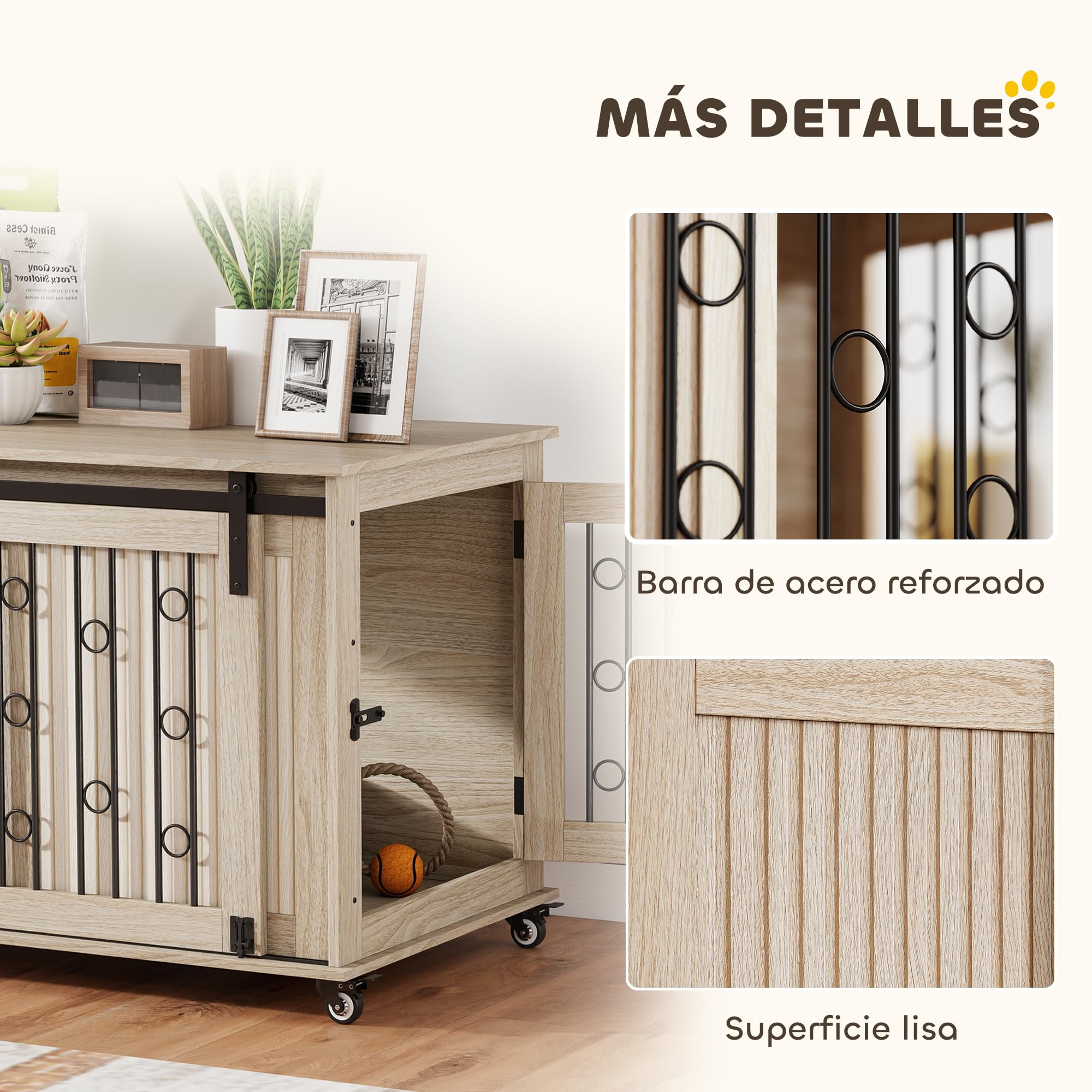 PawHut Jaula para Perros con Ruedas, Mesa Auxiliar, Casa para Mascotas Moderna con 2 Puertas y Cierre, para Perros Medianos y Grandes, 100x56x65 cm, Roble