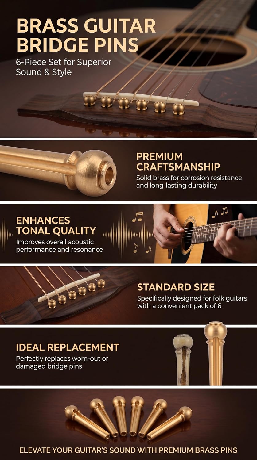 6Pcs Guitar Bridge Pins, Brass Pin Acoustic Guitar Strings Nail Pegs (Gold) Brass Bridge Pins For Acoustic Guitar image 5