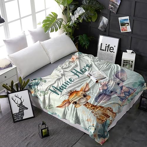 Miniatura 76 de Manta personalizada con diseño de jirafa y elefante, manta de franela suave, acogedora y ligera con nombre para sofá, cama, sofá, regalo, unisex