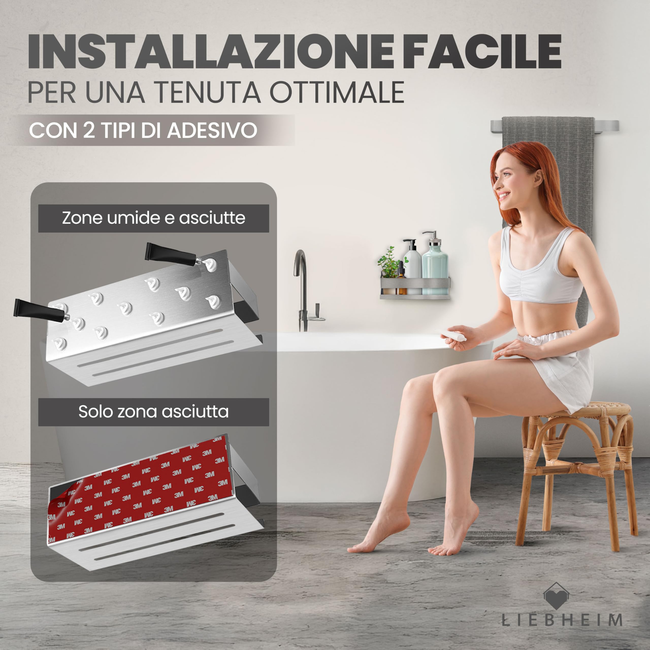 LIEBHEIM mensola per doccia cestino per bagno senza forare - tenuta super forte grazie al nastro adesivo di montaggio - acciaio inox S304 - solido (acciaio inox spazzolato)