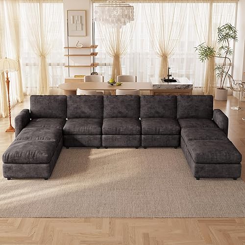 Miuuod 9-Seat Modular Sectional Sofa with 4 Storage Ottomans, Oversized Deep L-Shaped Couch for Living Room, Grey Velvet Modern Family Sofa Set, Extra Comfy Loveseat Sleeper Bed with Flexible Layout