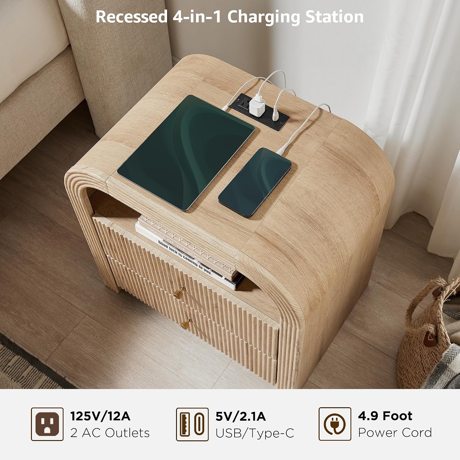  24" Fluted Nightstand Set of 2 with Charging Station, Natural Oak | 2-Drawer Bedside Table, Modern End Table with Storage for the Bedroom or Living Room, Thickened frame, Rounded Silhouette thumbnail